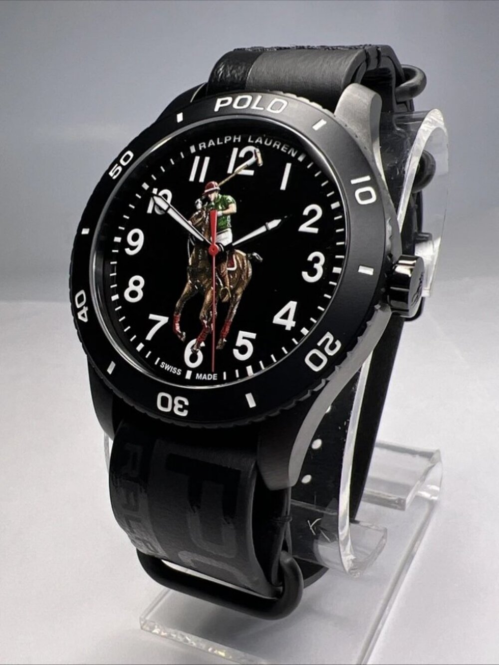 Ralph Lauren Polo Pony Player 42mm Black Dial PVD Steel Watch Box & Papers NEW